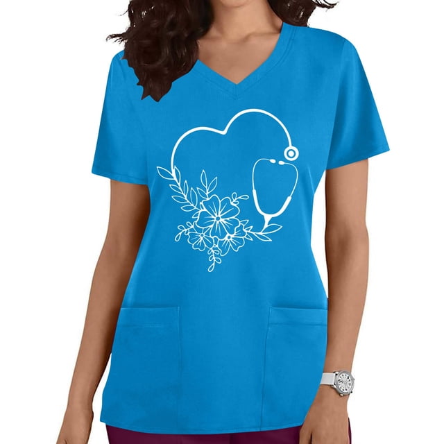 EGNMCR Hauts de Sarrau d'Infirmière pour Femmes Mode Décontractée Imprimé Uniforme de Travail Manches Courtes Col en V Blouse T-shirt de Travail avec Poches, Cadeaux pour Femmes