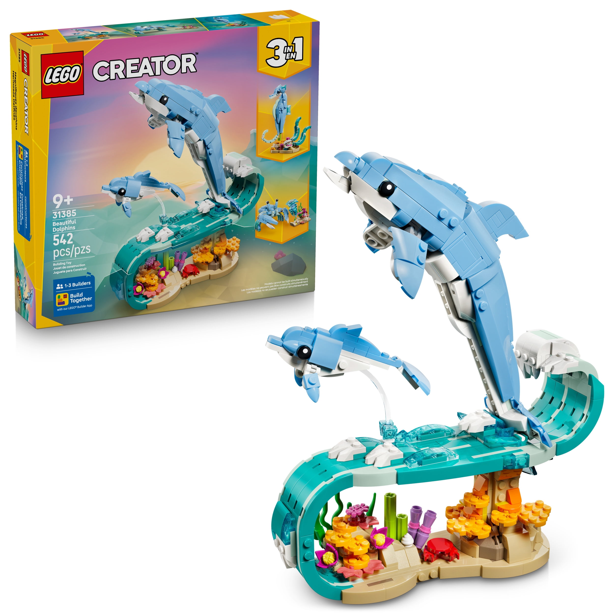 LEGO Creator 3 in 1 Sea Animals: Beautiful Dolphins Building Toy for Girls, Boys, & Kids, Ages 8+ - Build a Dolphin, Seahorse, or Crab Animal Figure - Gift Idea for Birthdays - 31385