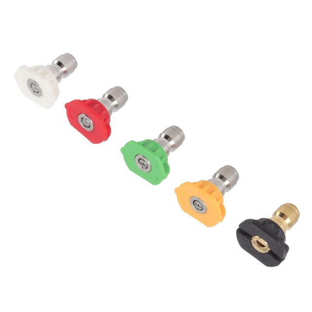 5 Pcs Pressure Washer Nozzle set featuring red, yellow, green, white, and black nozzles, each designed for different spray angles. Made of brass, stainless steel, and plastic, these universal pressure washer accessories are suitable for cleaning car parts and other surfaces. Includes quick-connect functionality for easy replacement.