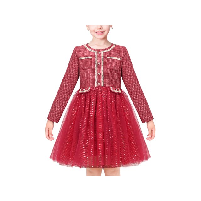 Robe Fille Rouge Perle Poche Vintage Élégante Noël Manches Longues 8 Ans