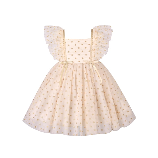 Girls Dress Beige Polka Dot Sparkling Sequin Ruffle Sleeve Party 7 Years