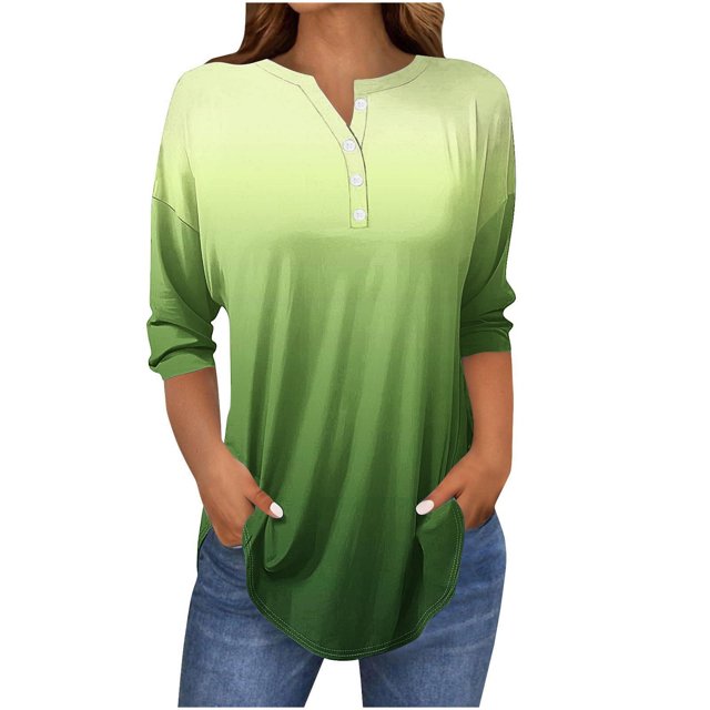 SwiftWear T-Shirts pour Femmes Mode Tendance Col Rond Manches Mi-Longues T-Shirt Couleur Dégradée Décontracté Ample Hauts Basiques