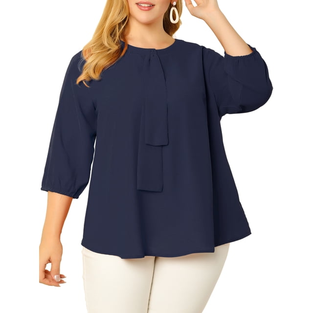 GRACE & GRANDEUR Women's Plus Size Tops Work Round Neck Ruffle Chiffon Blouse Office Top 4X Navy Blue
