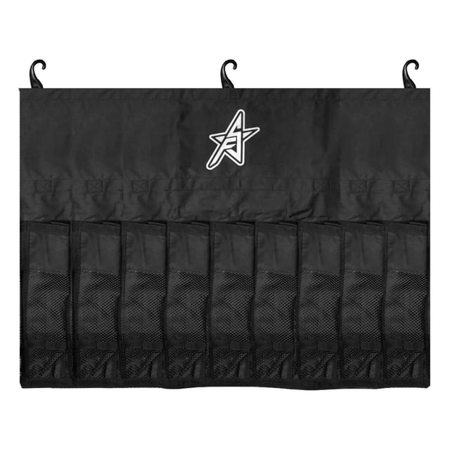 Future Stars 9 Slot Bat Bag in black with nine mesh bat slots and three fence hooks for hanging, featuring a white star logo above the slots, designed for baseball, softball, or tee-ball equipment organization and easy transport.