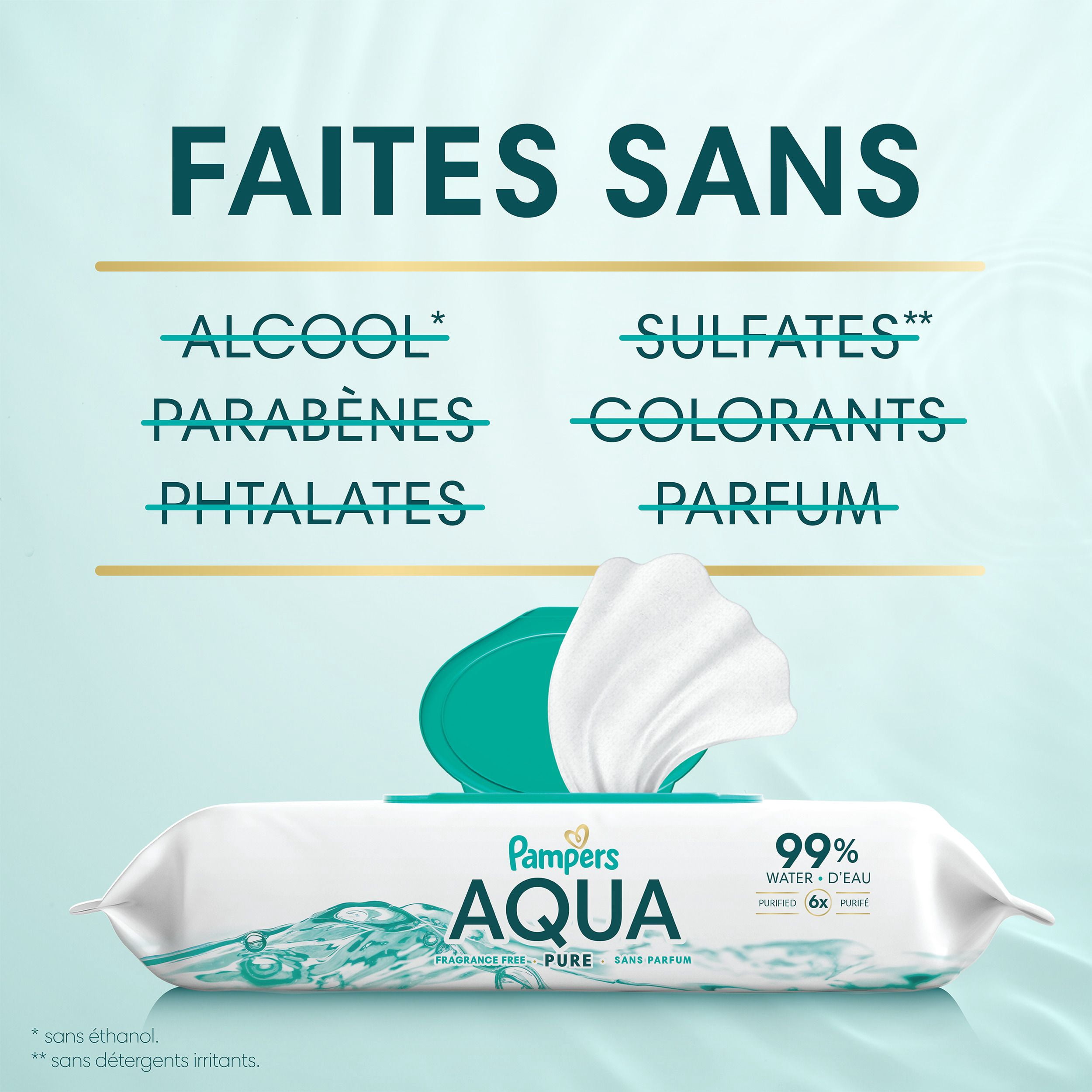 Lingettes pour bébés Pampers Aqua Pure, 99 % d’eau, sans parfum, non parfumées, à base d’eau, lingettes pour bébés à usage multiple, total de 112 lingettes pour bébés (2X emballages rabattables)