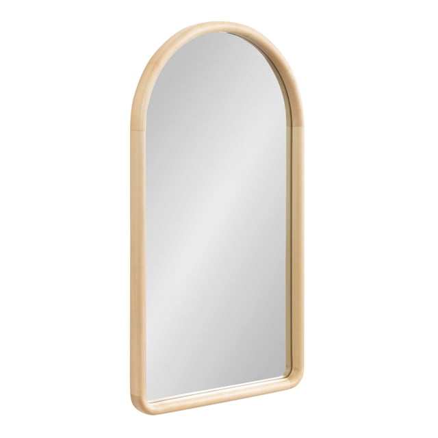 Kate and Laurel Talma Boho Tall Arched Wall Mirror, 20 x 36, with a natural solid poplar wood frame and rounded profile. The mirror features a light natural finish and an arched design, perfect for modern, contemporary, or traditional interiors. Suitable as a bathroom vanity mirror, fireplace mantel accent, or for use in living rooms, bedrooms, or entryways to create a spacious and bright atmosphere. Includes metal D-ring hangers for secure and easy installation.