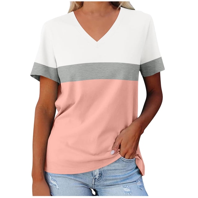 Yuyuzo T-Shirts pour Femmes Manches Courtes Décontractés Col en V Tops d'Été Color Block Tees Amples