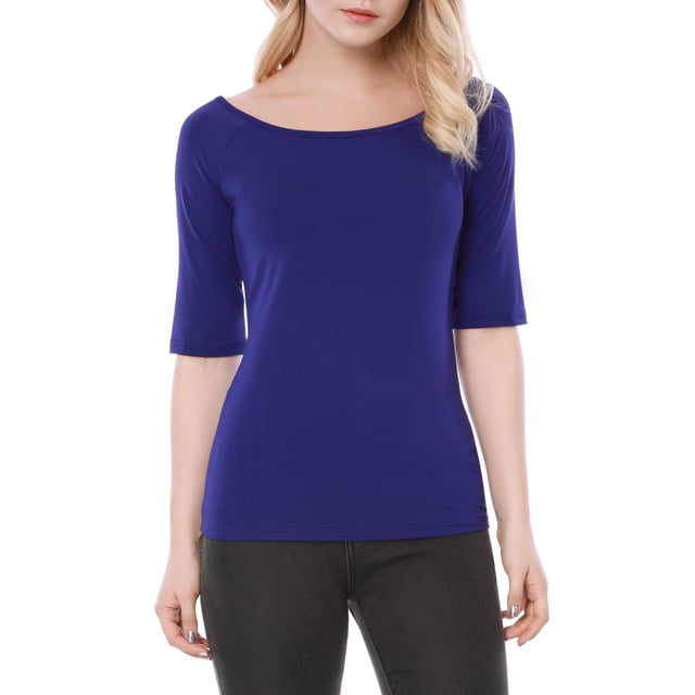 INSPIRE CHIC Women's Boat Neck Tops Half Sleeves Fitted Layering Soft T-Shirt M Blue