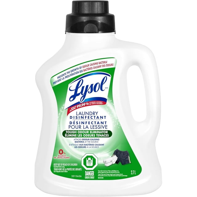 Lysol Laundry Disinfectant 2.7 L bottle with 0% bleach, kills 99.99% of viruses and bacteria, and eliminates tough odours that detergents may leave behind. White plastic jug with black screw cap and green label in English and French highlighting disinfectant and odour eliminator features, suitable for sanitizing laundry and removing odour-causing bacteria.