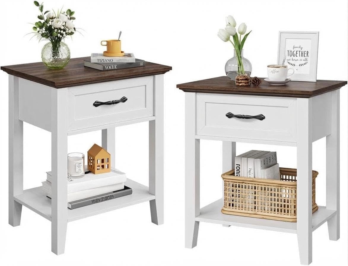 Nightstands Set of 2, Bedside Tables with Drawer and Open Shelf,Wood Bedside Table,Farmhouse Side Table for Spaces,Modern Bedroom End Tables for Sofa, Couch, Office (White)