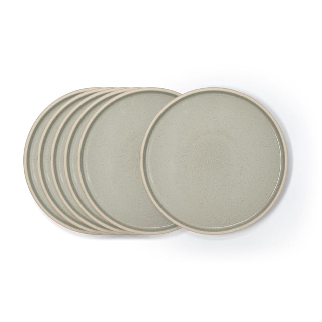Hometrends Fiona Salad Plate - 6 Pack with six 8-inch round ceramic salad plates in speckled light grey and beige rims, arranged overlapping on white, dishwasher and microwave safe, ideal for casual or formal dining and mixing with other dinnerware.