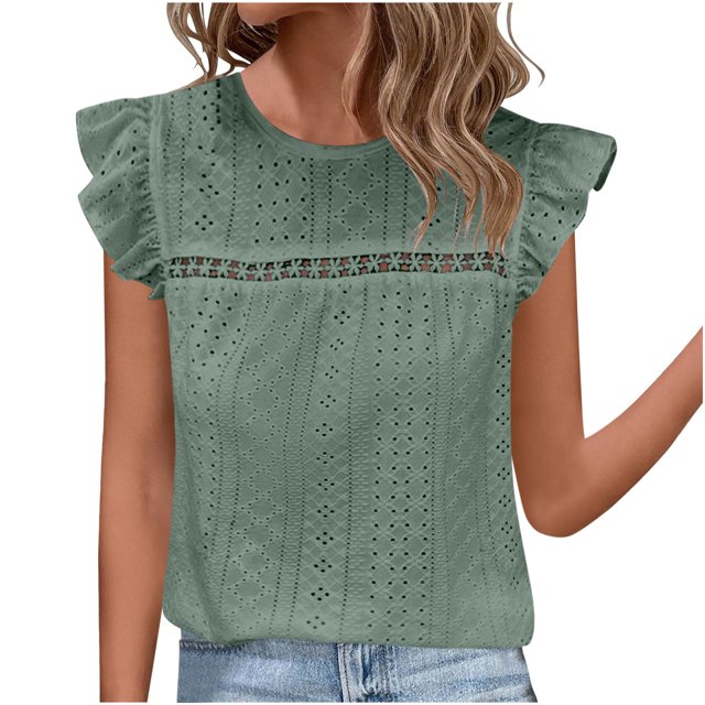 Timegard Tops for Women Ruffle Cap Sleeve Crewneck Loose Tee Shirts Dressy Casual Solid Color Tops