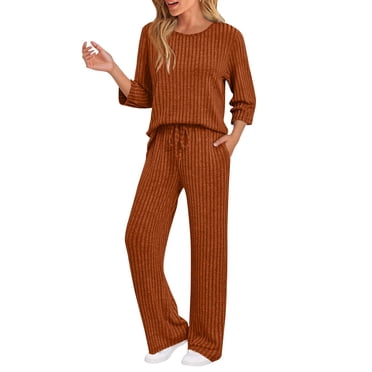 TACILIP 2 Piece Loungewear Sets for Women Fall Clothes Crewneck 3/4 Sleeve Tops and Drawstring Wide Leg Pants with Pockets Spring Travel Sets Pajamas Sets, Birthday Gifts