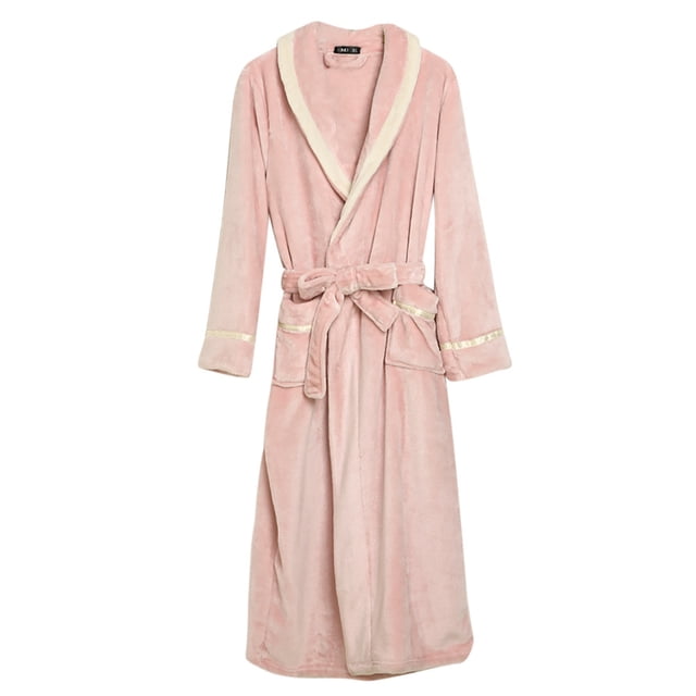 Penkiiy Fleece Robe Bathrobe Women's Winter Lengthened Bathrobe Splicing Home Clothes Long Sleeved Robe Coat 3XL Pink
