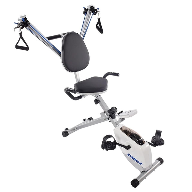 Stamina Vélo d'Exercice et Système de Force avec Cadre en Métal Argenté, Siège et Dossier Rembourrés Noirs, Cordons Élastiques bungee à Double Poulie Réglables pour l'Entraînement de Force du Haut et du Bas du Corps, Pédales Texturées avec Sangles, et Unité de Résistance Magnétique Blanche avec logo Stamina Bleu.
