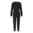 thumbnail image 4 of IROINNID Survêtement pour Femmes Ensemble 2 Pcs Économies Col Rond Couleur Unie Chandail Court Nombril Chandail à Manches Longues Décontracté Pantalon à Cordon Costume Ensemble Athlétique,Noir, 4 of 9