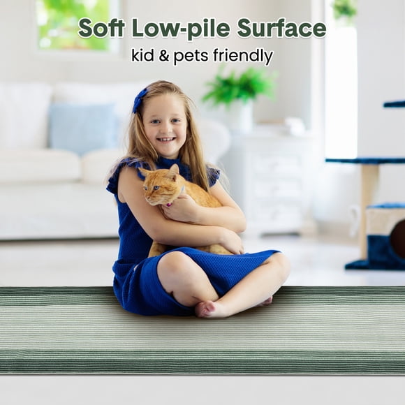 Modern Abstract Runner Rug 2x6 - Washable Hallway Runner Rug - Non Slip Non Shedding Soft Floor Carpet - Low Pile Minimalist Bordered Rug for Bedside Laundry Bathroom Kitchen - Green Finish