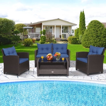 Costway 4 PCS Patio Rattan Furniture Set Glass Table Shelf Sofa Cushion Navy