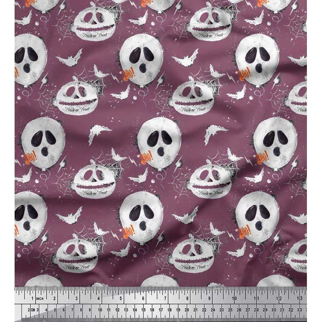 Soimoi Poly Georgette Fabric Spider Web,Bat & Ghost Halloween Print Fabric by The Yard 52 Inch Wide