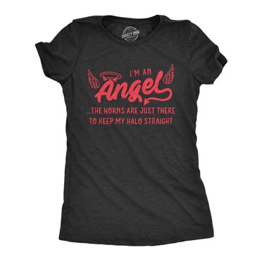 Womens I'm An Angel The Horns Are Just There to Keep My Halo Straight T Shirt Funny Halloween Tee (Black) - L