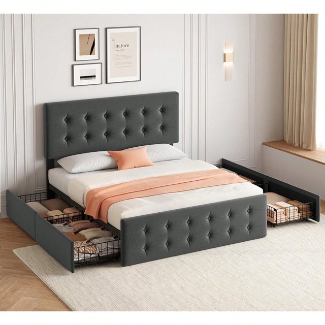 Bed Frame with 4 Storage Drawers and Upholstered Headboard, Queen/Full Size Upholstered Mattress Foundation with Linen Fabric/PU Leather/Velvet, No Box Spring Needed
