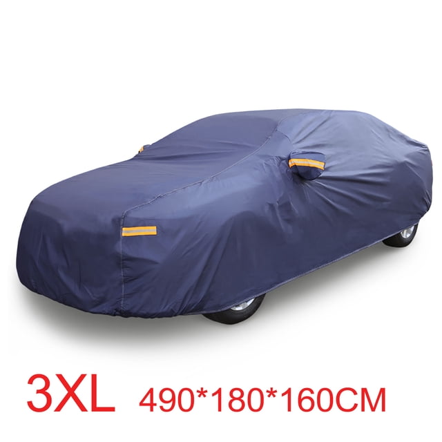 Blue PEVA car cover in size 3XL, designed to fit sedans measuring 185 to 193 inches. The cover offers all-weather protection, including resistance to rain, snow, sun, and heat. Features UV protection, breathable material, sealed seams, non-scratch elastic hems, side mirror pockets, and windproof straps for secure placement.