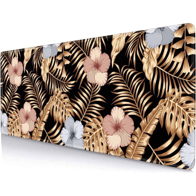 Desk Pad, Hibiscus Frangipani Gold Palm Leaves Large Mouse Pad, Mouse Mat Anti Slip Rubber Mousepad for Desktops, Computer, Keyboard Mouse Mat for Work, Laptop, 31.5 X 11.8 Inch