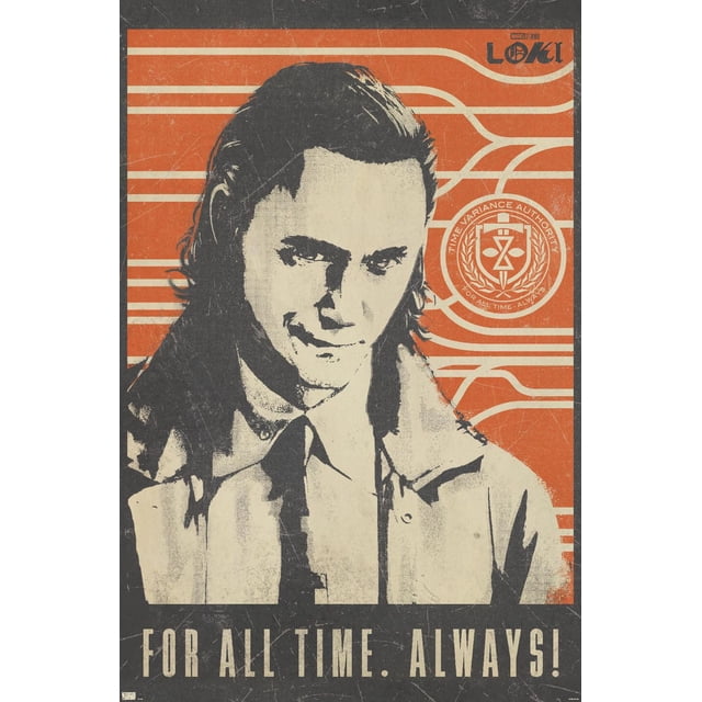 Marvel Loki - For All Time Wall Poster, 22.375" x 34" depicting a vintage graphic of Loki with long hair and a trench coat on an orange background with white horizontal lines and the Time Variance Authority emblem, captioned 'For All Time. Always!'