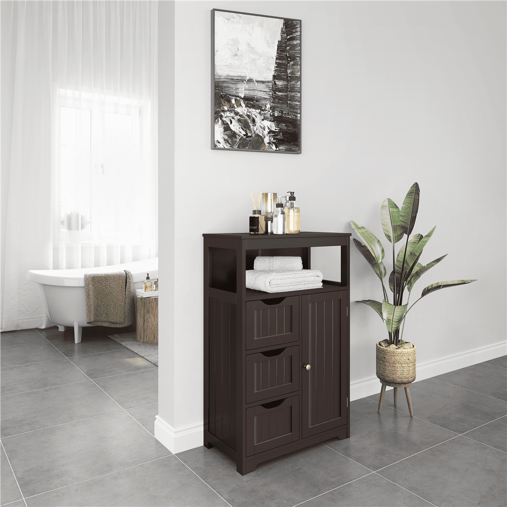 FullFurnique Armoire de Salle de Bains avec 1 Porte et 3 Tiroirs, Espresso