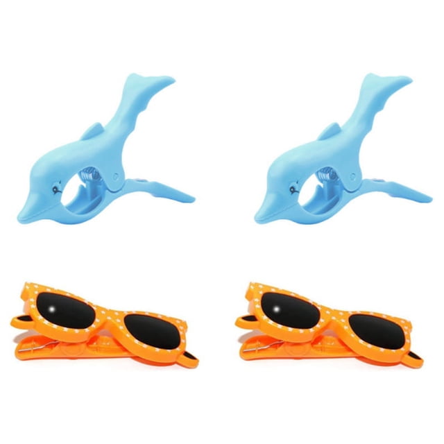 Beach Towel Clips Beach Towel Clips Bath Towel Clips for Beach Loungers Towel Clips Windproof Plastic Clips Pool Beach. This set of four clips includes two blue dolphin-shaped clips and two orange polka-dotted sunglasses-shaped clips. Made of durable plastic, they are lightweight and ideal for securing towels on beach chairs, pool loungers, or during outdoor activities. Their tropical design adds a fun, summery touch, and they are compact for easy transport.