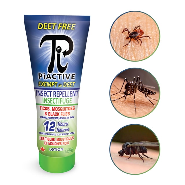 PiACTIVE - Insect Repellent Lotion, DEET-Free Bug Repellent with 20% Incaridin, 120 ml tube. The packaging highlights 12 hours of protection against mosquitoes, ticks, and black flies. The lotion is fragrance-free, non-greasy, and safe for all skin types, including children aged 6 months and older. The image also features close-up visuals of a tick, mosquito, and black fly on human skin, emphasizing its effectiveness.