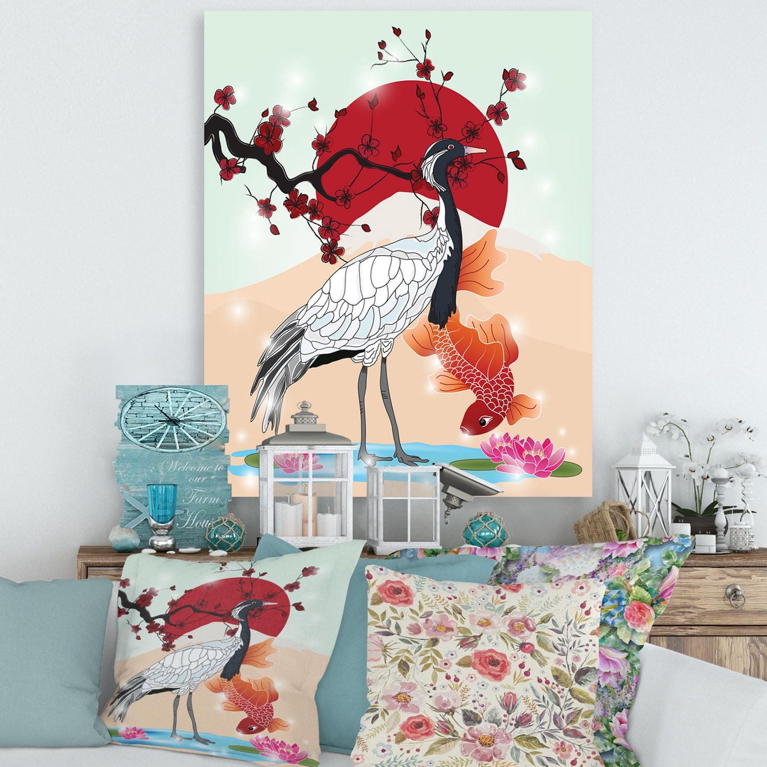 Designart Oiseau grue et poisson Koi Art mural sur toile