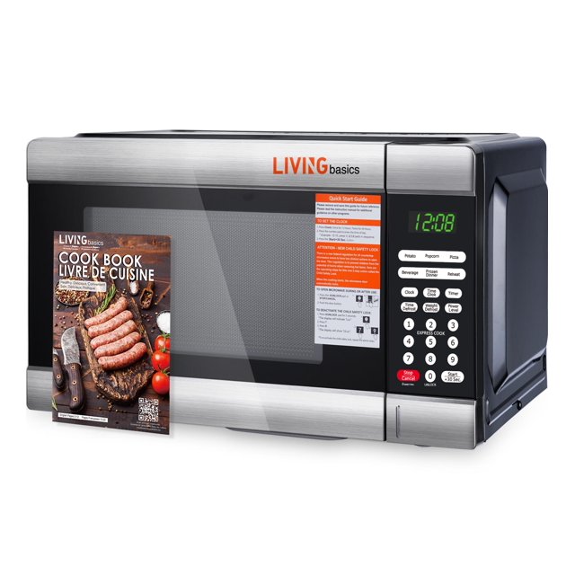 Four à Micro-Ondes de Comptoir en Acier Inoxydable de 1,1 Pi3 par LIVINGbasics, avec Technologie à Onduleur Intégrée, Éclairage DEL et Puissance de 1000 W. Comprend un Plateau Tournant en Verre, un Verrou de Sécurité pour Enfants, des options de Cuisson Rapide et un Panneau de Commande Numérique avec 6 menus de Cuisson Rapide pour une Cuisson Polyvalente. design Compact avec des dimensions de 21,0 X 15,4 X 11,1 Pouces, Idéal pour les Petites Cuisines.