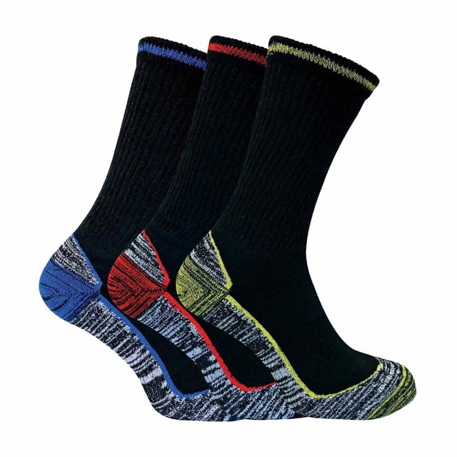 Sock Snob - Mens 6 Pack Bamboo Work Socks for Steel Toe Boots. A set of six black bamboo work socks with reinforced heels and toes, featuring colored accents in blue, red, and yellow. Designed for heavy-duty use with steel toe boots, these socks include a thick cushioned bamboo footbed for comfort, moisture-wicking properties, and smooth toe seams for a secure fit. Suitable for sizes 4-7 and 6-11 UK.