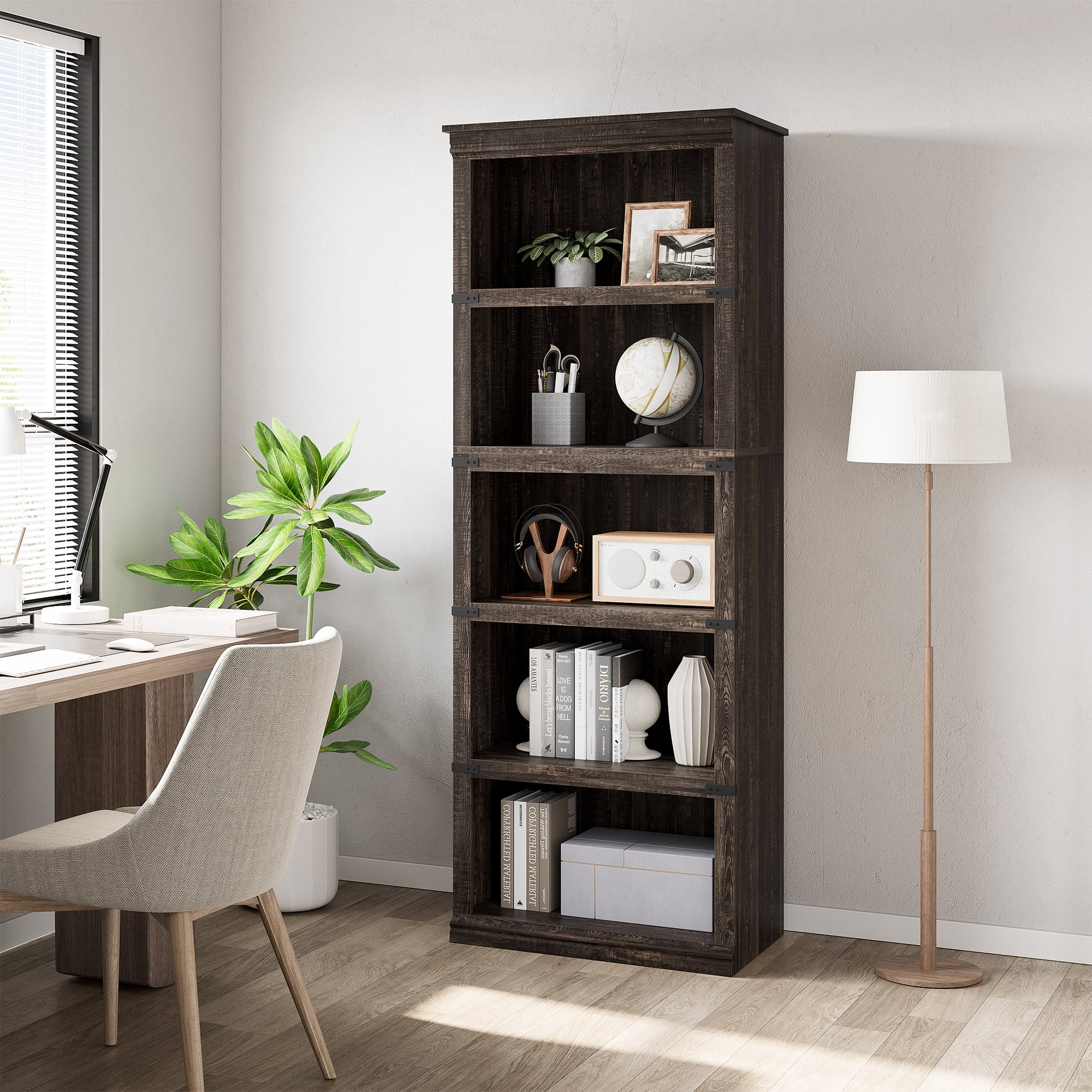Kojooin Wooden Bookcase, Farmhouse Storage Book Shelf with Display Shelves, Tall Book Case for Home Office, Living Room, Bedroom