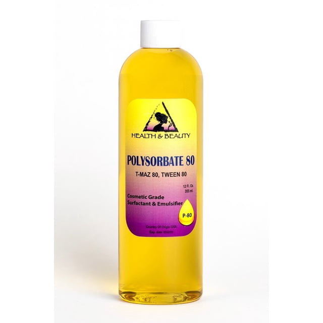 Polysorbate 80 T-MAZ 80 Tween 80 solubilizer surfactant and emulsifier in a 24 oz clear amber liquid form, packaged in a plastic bottle with a white cap. The label displays the Health & Beauty brand logo and product details, including its use as a cosmetic-grade emulsifier and surfactant. Suitable for blending essential oils with water-based products like shampoos, body washes, and cosmetics.
