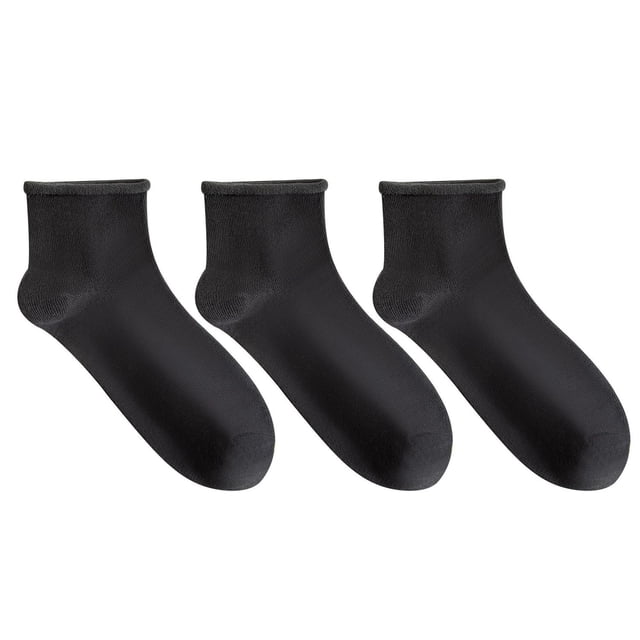 Secret® Ladies 3pk Comfort Top Quarter Socks in black, front-facing view, made of 75% cotton, 23% polyester, and 2% spandex, featuring a soft cotton texture and an extra wide non-binding cuff for unrestricted circulation, fits women's shoe sizes 6-10, suitable for casual wear and light athletic use.