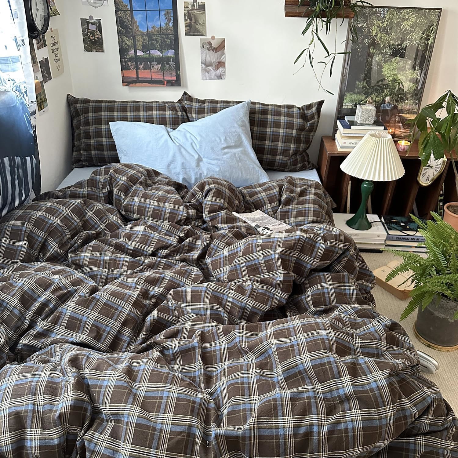 Nayoroom 3 Pieces Vintage Brown & Blue Buffalo Plaid Duvet Cover Set Soft & Breathable Microfiber Queen Duvet Cover with Pillowcases