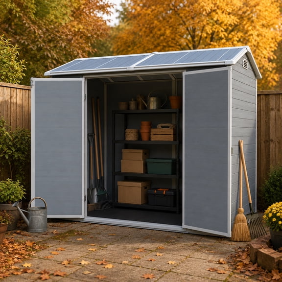 8 ft x 4 ft Outdoor Storage Shed with Two-Window and Double-Door, Plastic Shed with Floor for Garden, Patio,Yard, Lawn, grey