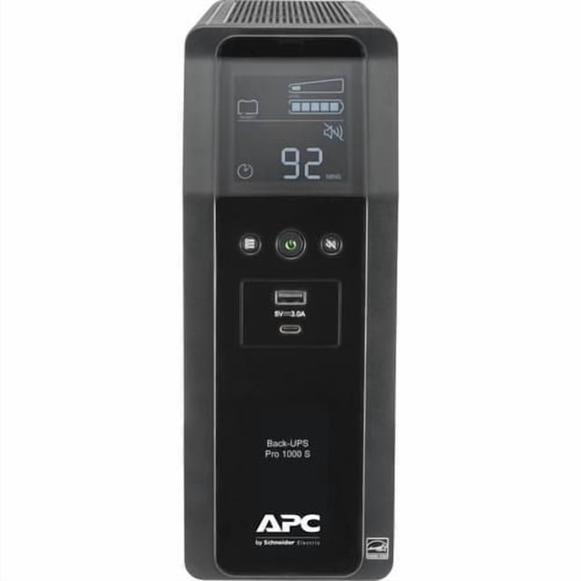 APC by Schneider Electric Back-UPS Pro 1.0KVA Tower UPS, Black front-facing black tower with LCD graphics display and mimic diagram, power button, status LEDs and visible USB charging ports; offers battery backup, surge protection and sine wave output for home or small office electronics and gaming PCs, and is suitable for keeping a small NAS or home lab online during outages.