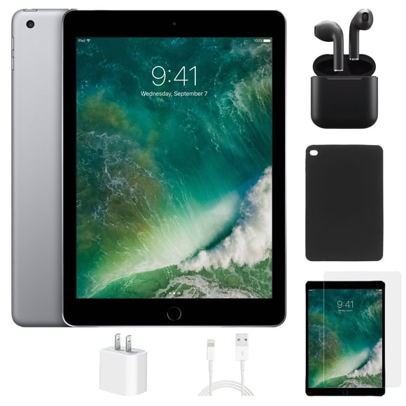 iPad Apple Remis à Neuf 7e Gén. A2197 (Wi‐Fi) 128 Go Gris Cosmique (Grade A) Ensemble avec Étui, Écouteurs Sans Fil, Protecteur d'Écran en Verre Trempé