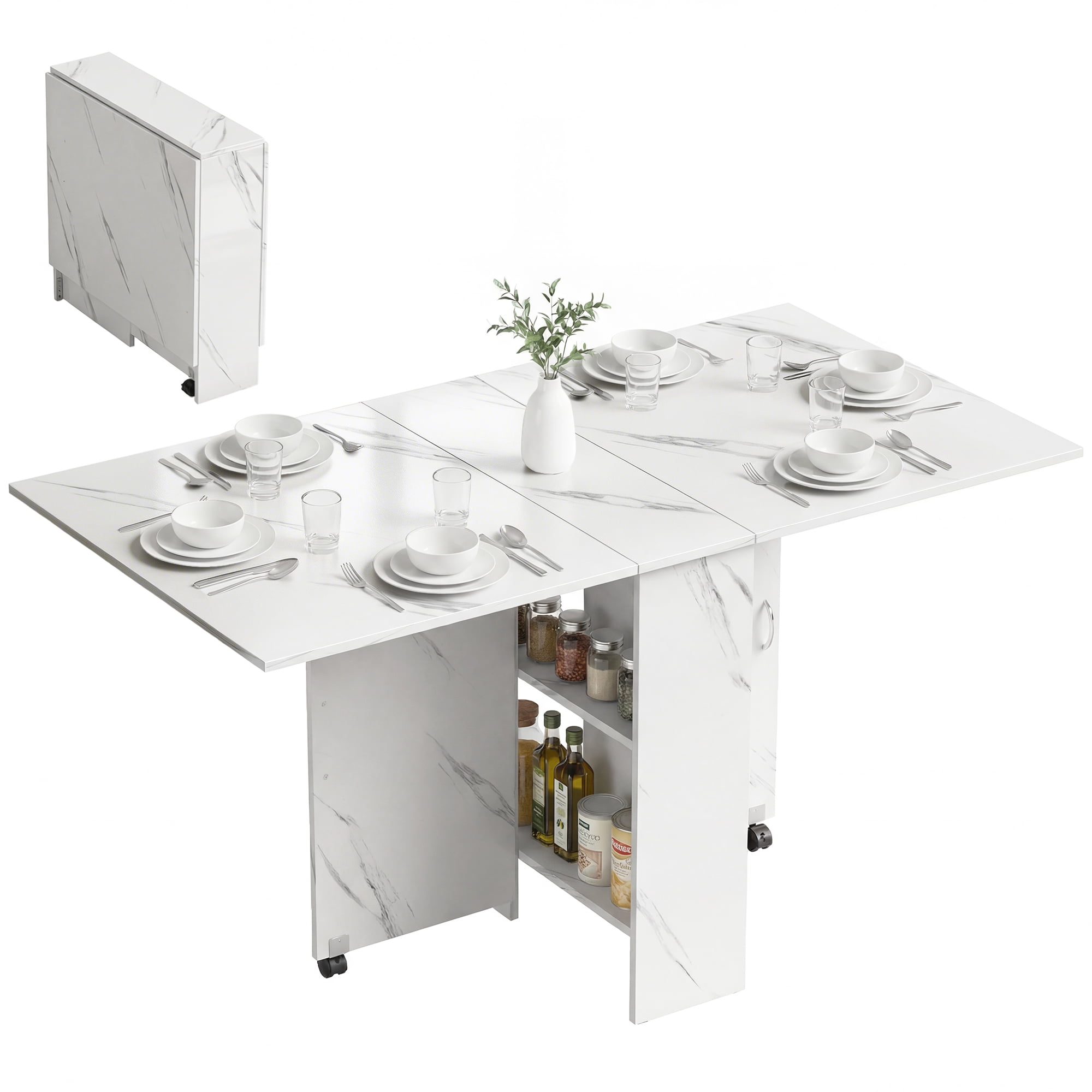 HOMCOM Folding Dining Table, Drop Leaf Table with 2-tier Shelves