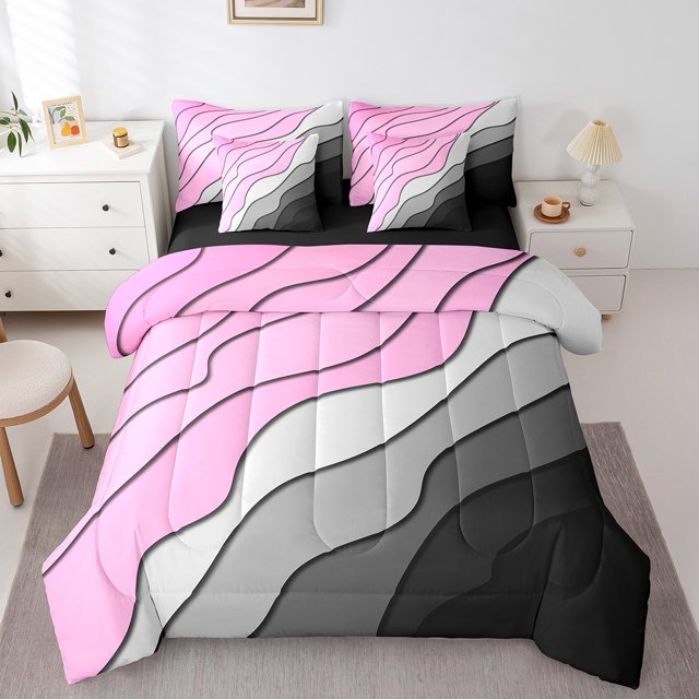 YST Ombre Gradient Geometric Stripe 7-Piece Bed in a Bag Bedding Set, Full Size Comforter Set, Modern Abstract Design
