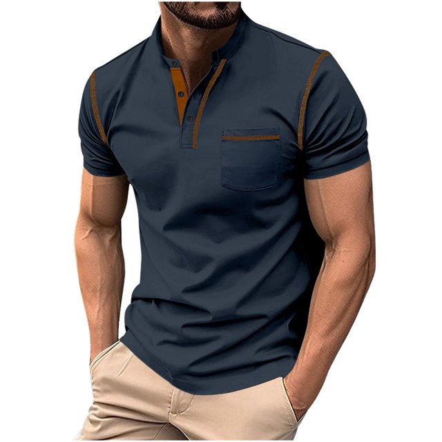 Mens Pullover Stand Collar Button Pocket Short Sleeve Top Sports Stand Collar Top/Shirt