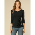 thumbnail image 3 of INSPIRE CHIC Women's Button Decor V Neck 3/4 Sleeve Solid Blouse Knitted Ruched Top, 3 of 6
