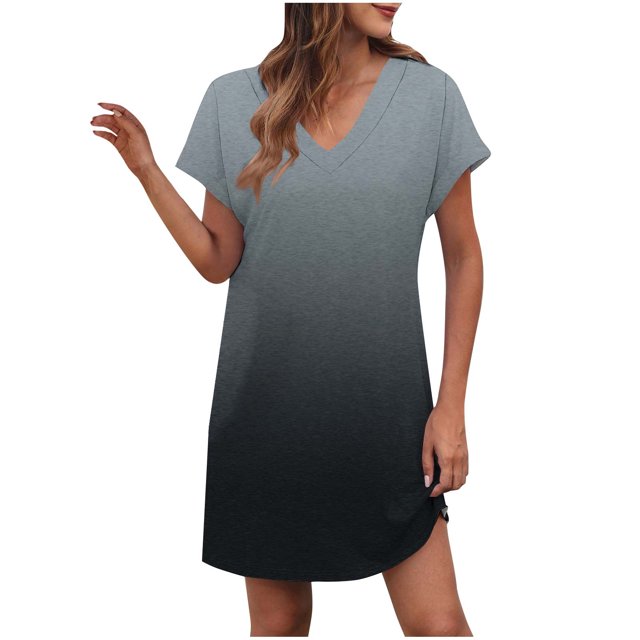 LOVZFMLL Robes d'Été pour Femmes T-Shirt Décontracté Ample Robe Droite Col en V Manches Courtes Basique Tenues Quotidiennes Gris S