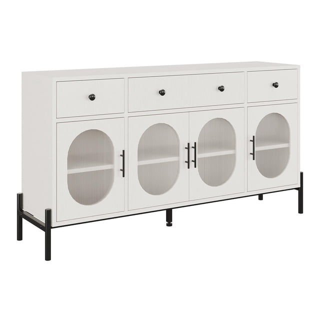 Sideboard Cabinet with 4 Doors & 3 Drawers, Wooden Buffet Cabinet Coffee Bar Table with Adjustable Shelf, Storage Cabinet for Kitchen, Dining Room, Hallway