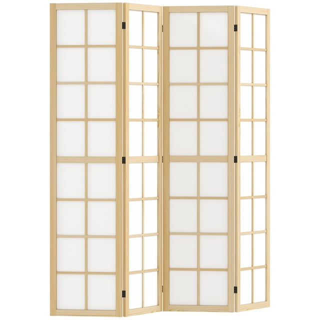 HOMCOM 4 Panel Room Divider, 5.6 ft Folding Privacy Screen for Home Office. This room divider features a natural pine wood frame with white non-woven fabric panels, creating a minimalist and functional design. The four panels are connected with hinges, allowing smooth folding and easy repositioning. Ideal for adding privacy in bedrooms, offices, or other spaces, it measures 63 inches wide and 66.9 inches tall when fully extended. Lightweight and foldable for convenient storage.