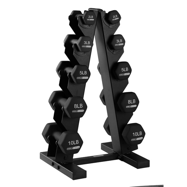 HolaHatha 2, 3, 5, 8 & 10 Pound Neoprene Dumbbell Weight Set with Storage Rack. The set includes five pairs of hexagonal dumbbells with neoprene coating in weights of 2, 3, 5, 8, and 10 pounds, displayed on a compact black storage rack. The hexagonal design prevents rolling, and the neoprene coating ensures a secure, slip-resistant grip. Ideal for strength training and home gym setups.