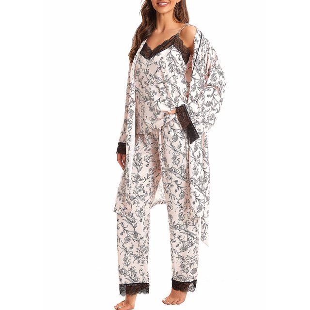 SUNSIOM Women's Fall Loungewear Set, a 3-piece sleepwear ensemble with a lace patchwork cami top, elastic waist pants, and a long-sleeve robe with belt. Made of soft polyester-spandex fabric, it features a floral print with black lace accents. Ideal for casual home wear, sleepwear, or occasions like anniversaries and Valentine's Day.